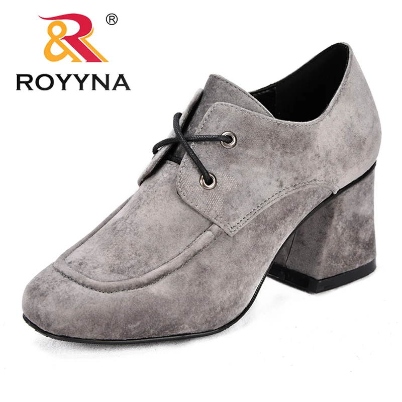

ROYYNA New Fashion Style Women Pumps Lace Up Flock Square Toe Female Dress Shoes Square High Heels Lady Office Shoes Soft Light