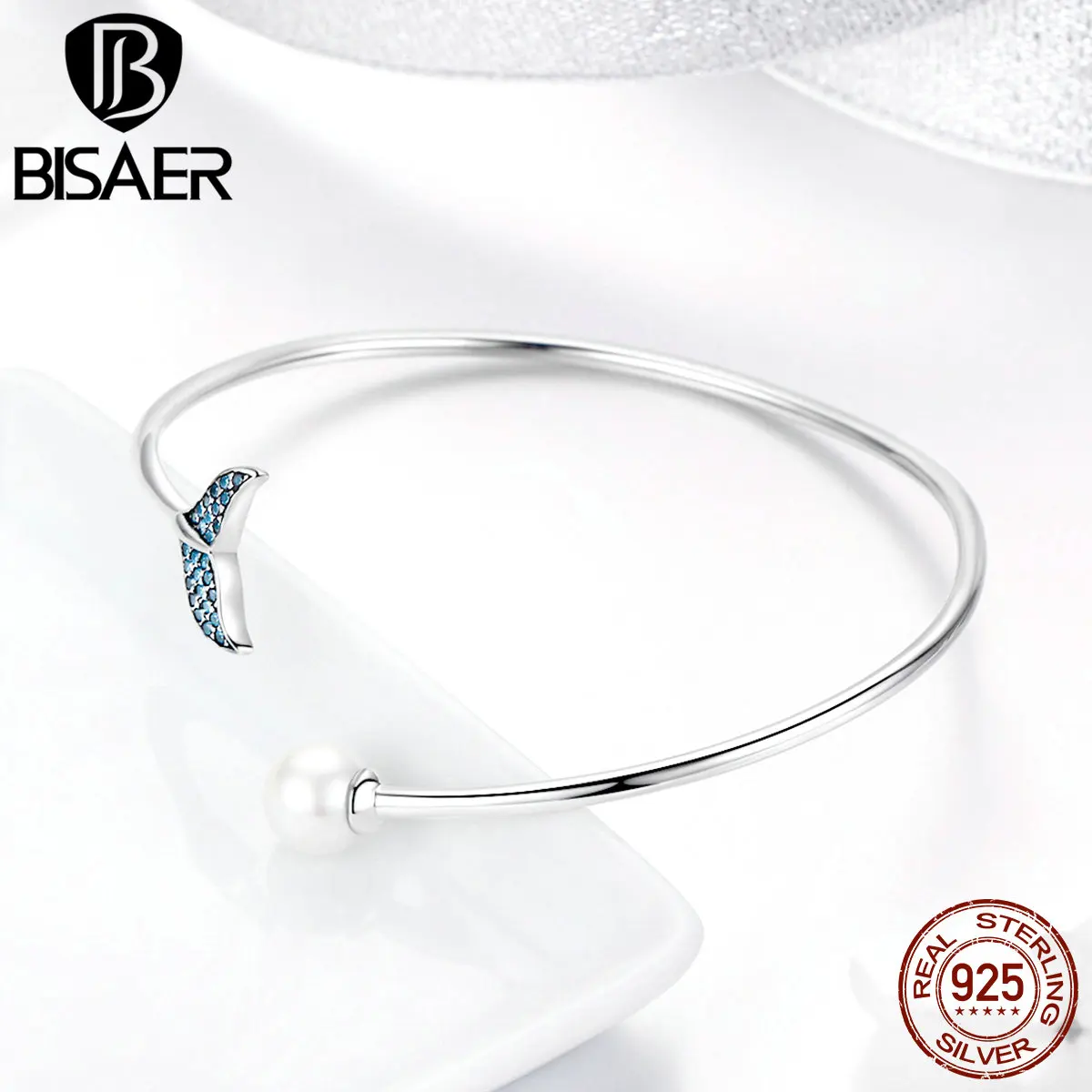 Beste BISAER 925 Sterling Silver Blue CZ Mermaid Fishtail en Parel Armband voor Meisje Mode sieraden 2019 Mode Geschenken GXB123