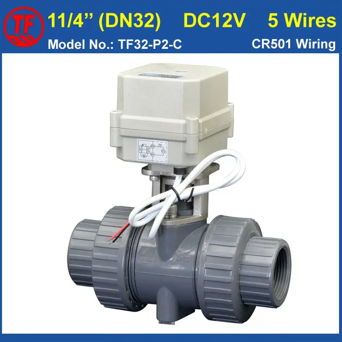 

2 Way DN32 PVC 11/4'' Electric Motorized Valve DC12V 5 Wires With Signal Feedback 10NM On/Off 15 Sec Metal Gear CE TF32-P2-C