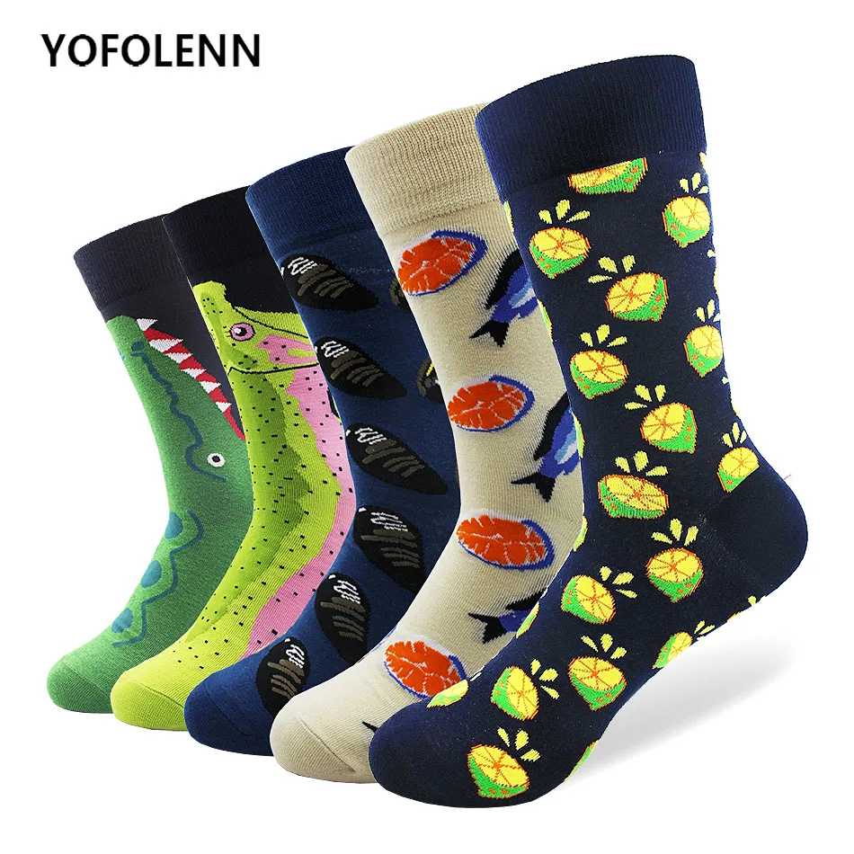 

5 Pairs/Lot Fashion Men's Colored Cotton Socks with Crocodile Fish Pattern Long Cool Casual Socks 2018 New Arrival