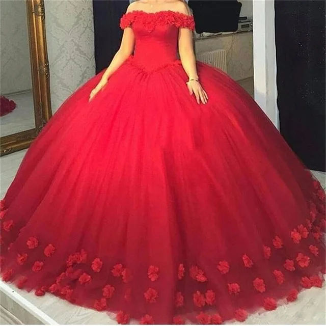 

Red Quinceanera Dresses 3D Flowers Tulle Dresses 15 year old Debutante Off the Shoulder Masquerade Ball Gown Vestidos De 15 Anos