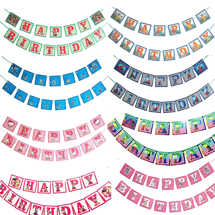

15Pc/set emoji Moana sofia pikachu Spiderman Trolls Sign Happy Birthday Banner Kids Birthday Party Garlands Banner Baby Shower
