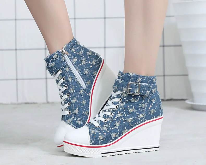 canvas women shoes platform casual shoes women high top women wedge shoes ladies shoes large sizes zapatillas mujer plataforma Women Denim Canvas High Heels Sneakers Trainers High Top Ankle Wedge Sneaker Rivet Sneakers (UK 5 (EU 38))