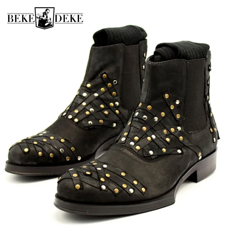 2018 Winter High Top Ankle Boots Men Beading Riveted Strip Patched Chelsea Boots Slip On Punk Genuine Leather Motorcycle Shoes 2018 Winter High Top Ankle Boots Men Beading Riveted Strip Patched Chelsea Boots Slip On Punk Genuine Leather Motorcycle Shoes