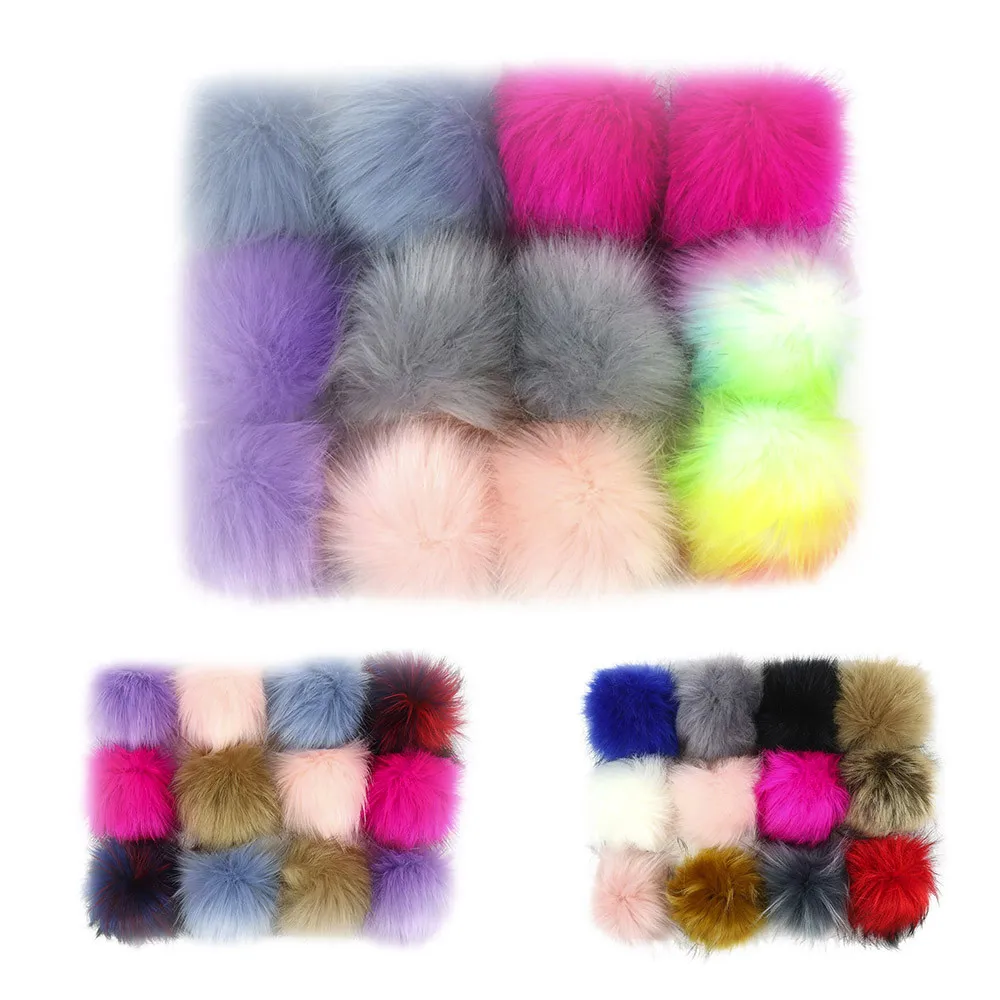 

2019 NEW 12pcs Faux Fox Fur Pom Pom With Press Button Removable Knitting Hat Accessories 3.5