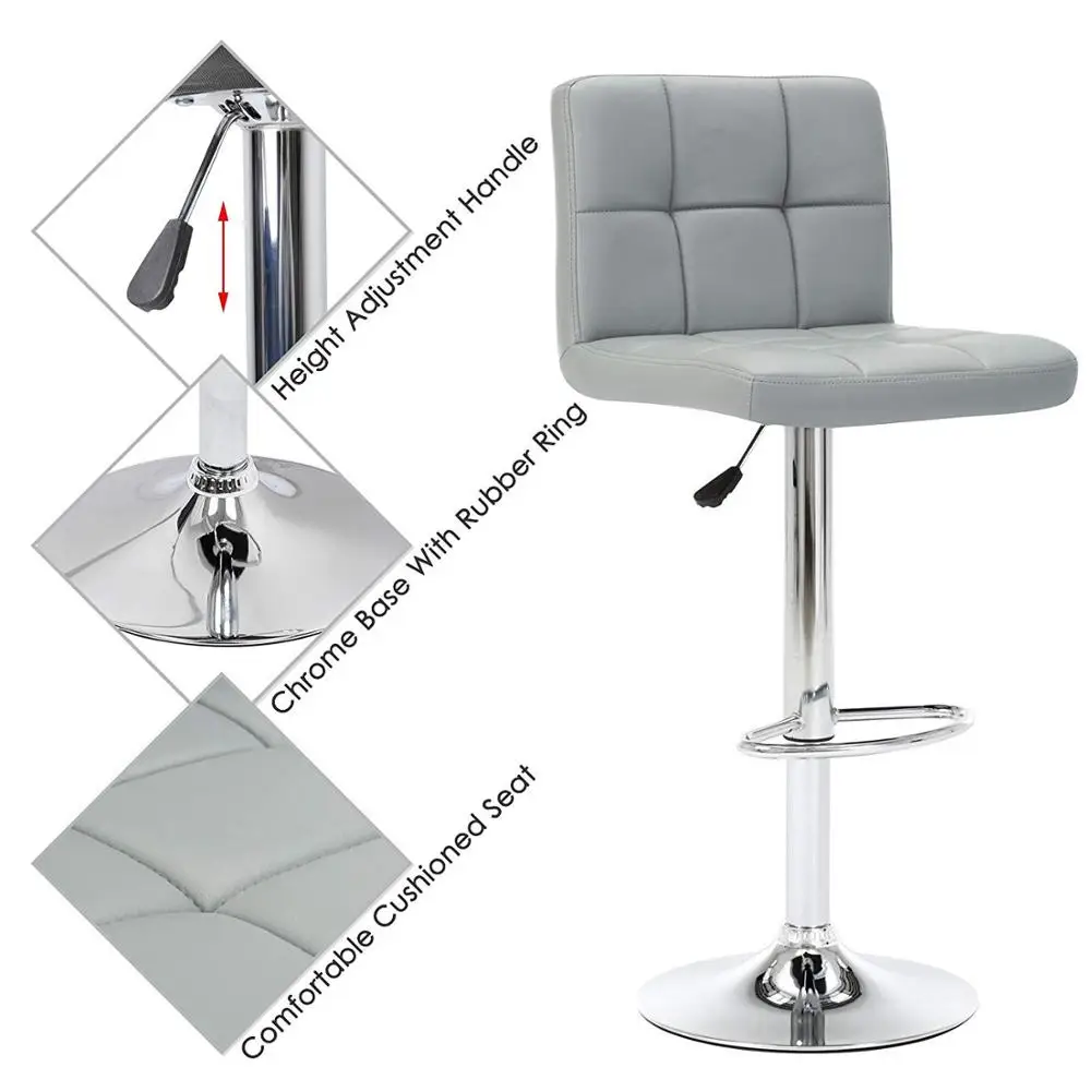 IntimaTe WM Heart Cuban Style Faux Leather Bar Stools Set of 2 Grey Contemporary Kitchen Breakfast Stool Chairs With Back A4