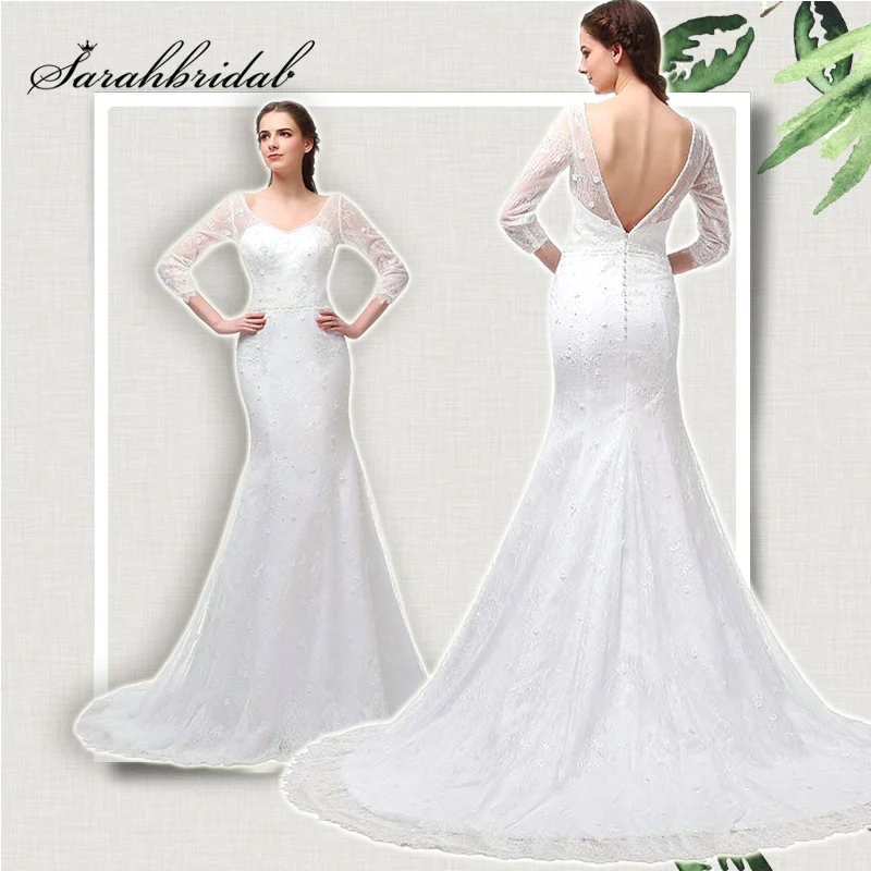 

Glamorous White Lace Wedding Dresses with Long Sleeve Beading Appliques Plus Size Real Picture Bridal Gowns Customized ZCL07