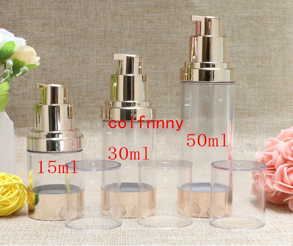 

300pcs/lot Pale Gold Empty Cosmetic Container Airless Pump Plastic Bottles Makeup Tools Lotion Refillable Bottle 15ml 30ml 50ml