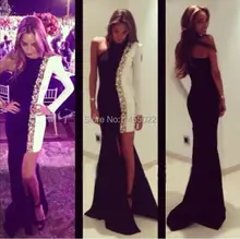 Schwarz Und Weißen Langarm-prom Kleider 2015 Elegante Reizvolle Schulter Perlen Lange Formale Strass Abendkleid Partykleider