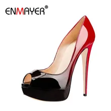 ENMAYER Sexy Women Gradient Black Red Patent Leather Skyhigh Party Shoes High Heels Evening Peep Toe Platform Stiletto Pumps