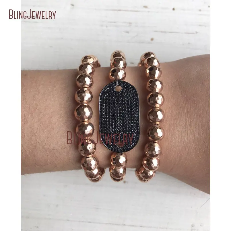 

Pave Black Crystal Dog Tag Bracelet Rose Gold Hematite Beaded Bracelet Stacking Bracelet BR19943