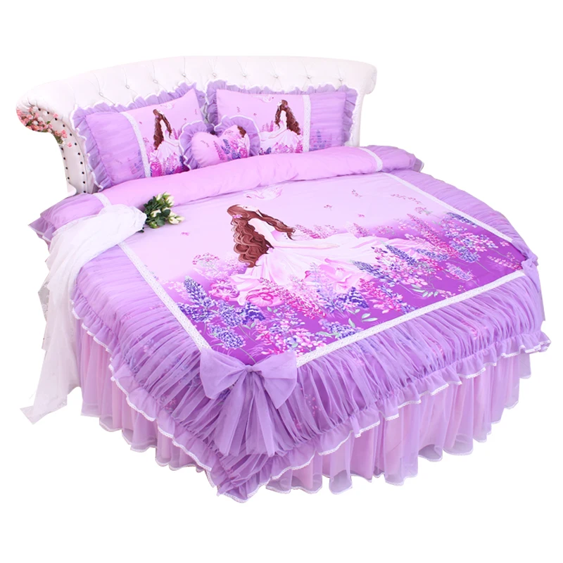 Perfect LACE ROUND Corner Bed Europe Orange color Flower Bedding sets Cotton Round Double Bed sheet Duvet cover Pillow case Bedskirt 29