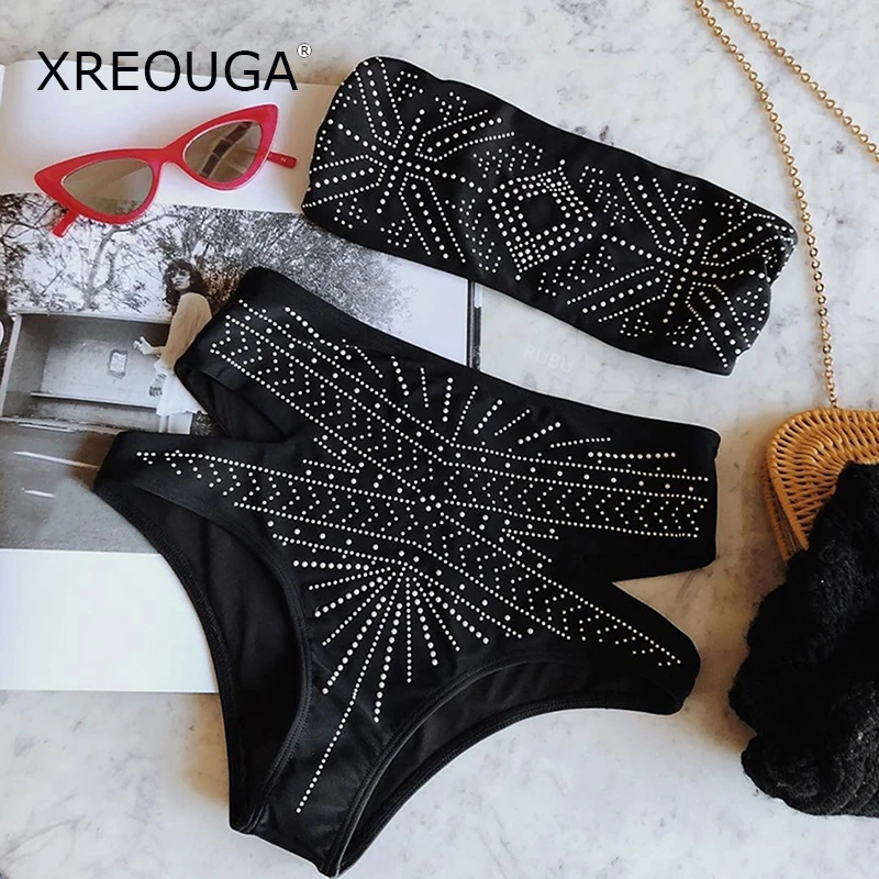 

XREOUGA High Waist Bikinis Women Swimsuit Push Up Bandeau Swimwear Puff Print Brazilian Bikini Set Cutout Bathing Suit Swim Wear