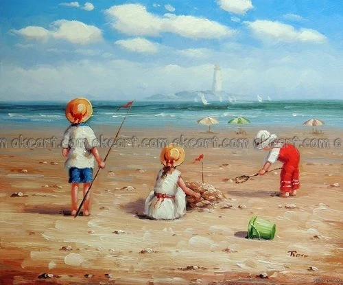 Ручная роспись играющие Дети пляж песок океан Маяк Лопата Pail картина маслом Высокое качество