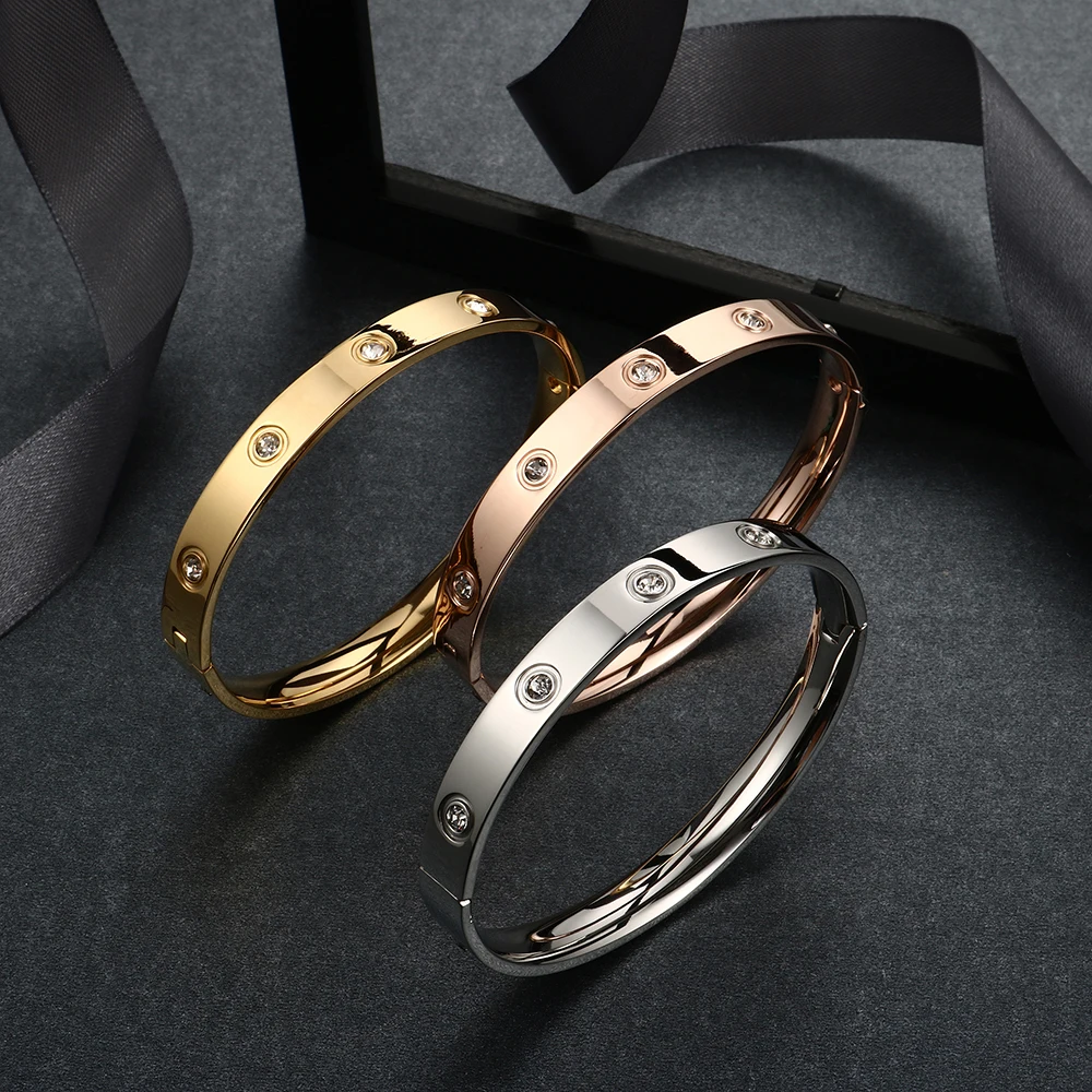 Gold Color Lover Bracelets&Bangles for Women Rose Gold Color Stainless Steel Charming CZ Cuff Bracelet Luxury Jewellery Gift bangle bracelet zircon bracelet