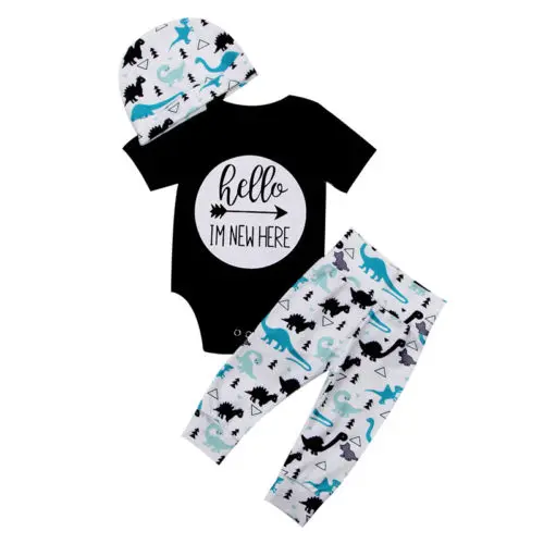 

Cotton Toddler Baby Infant I'M new Here Romper +dinosaur Pants Leggings Outfits Clothes Set