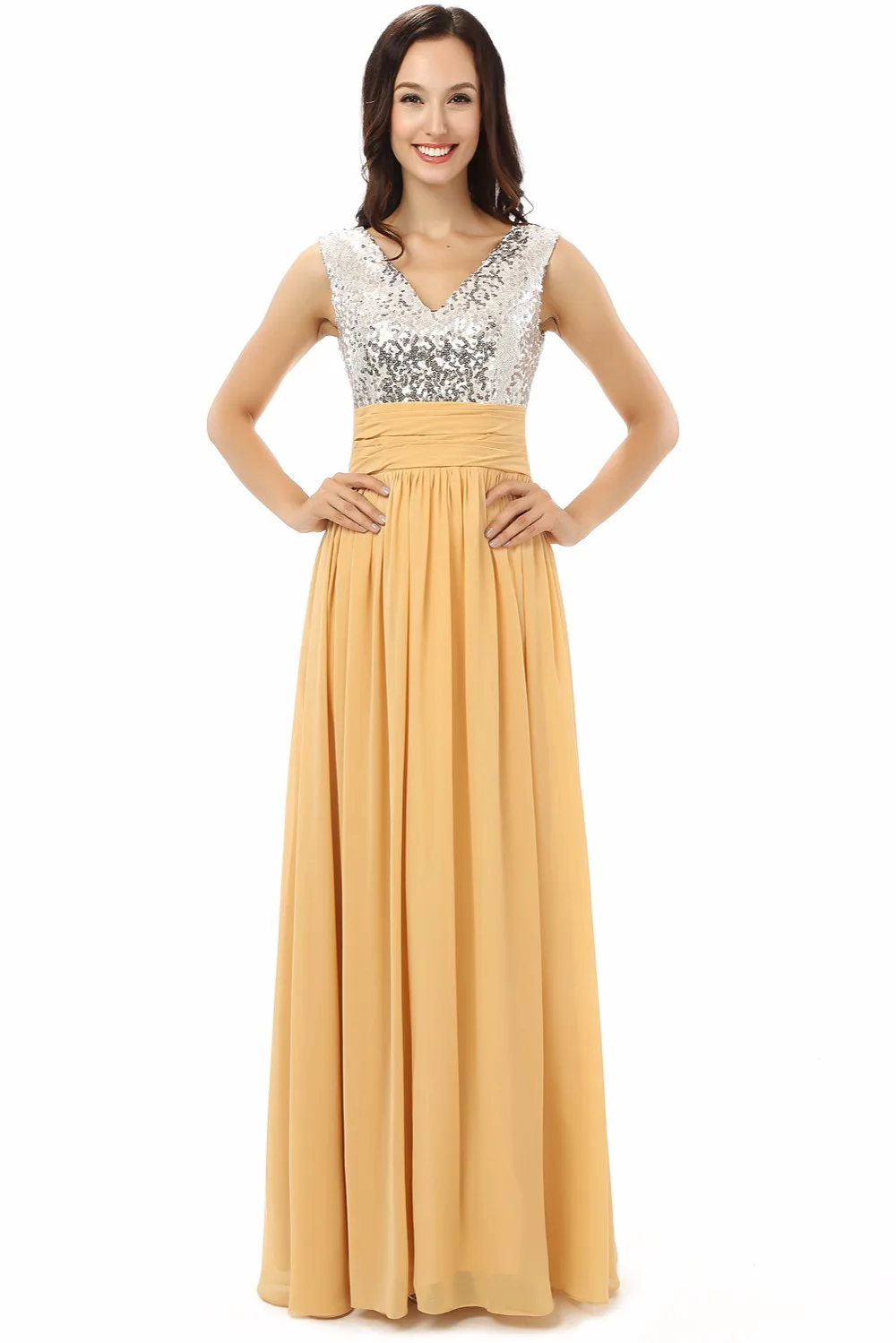 H S Bridal Silver Sequins V Neck Yellow Chiffon Women Dresses Long H S Bridal Silver Sequins V Neck Yellow Chiffon Women Dresses Long Bridesmaid In From Weddings Events On