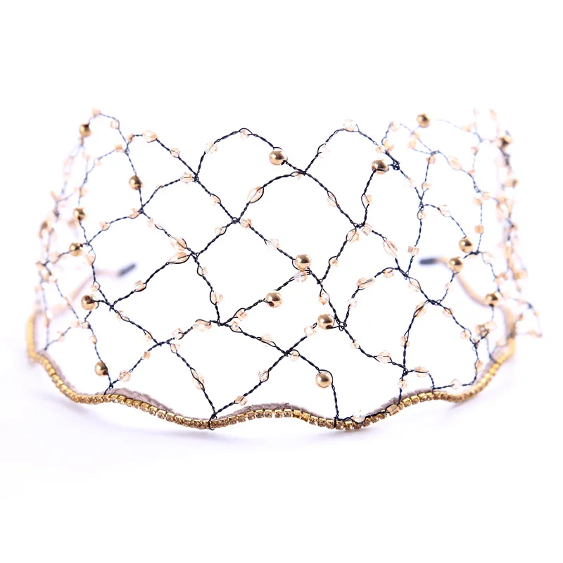 

Unique Baroque Vintage Crystal Pearls Bridal Headbands Mesh Net Tiara Crown Headpiece Forehead Wedding Hair Jewelry Accessories