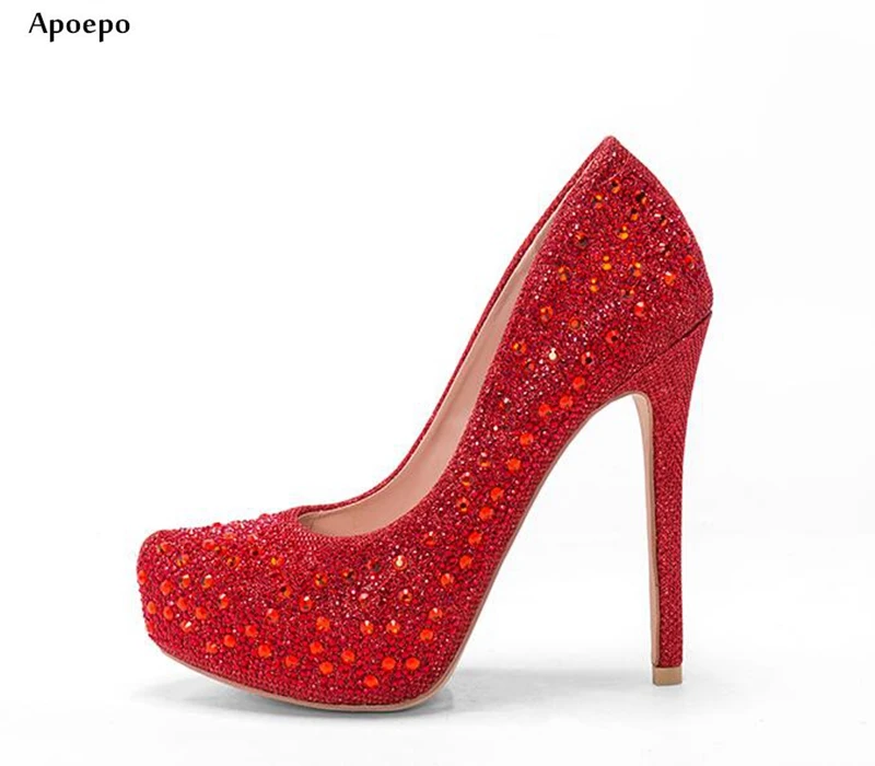 

New Hot Selling Red Crystal Embellished High Heel Shoes Sexy Platform Pumps for Woman 2018 High Quality Leather Shoes