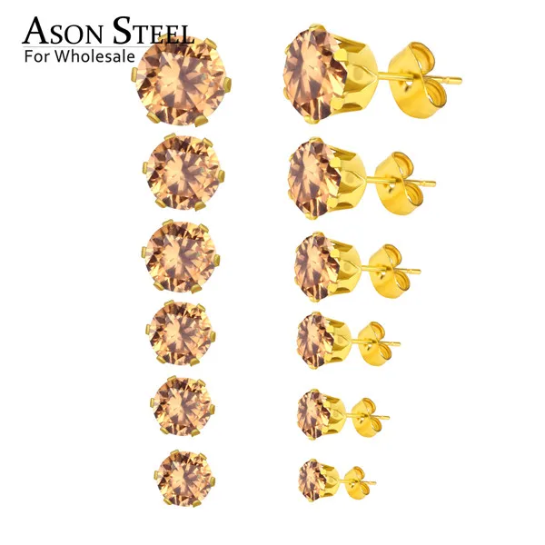 GG ASON, стальные серьги-гвоздики для женщин, розовый цвет, Круглый AAA кристалл, 6 пар/кор., набор сережек, нержавеющая сталь, Mujer Bijoux, подарок для любви - Окраска металла: GG