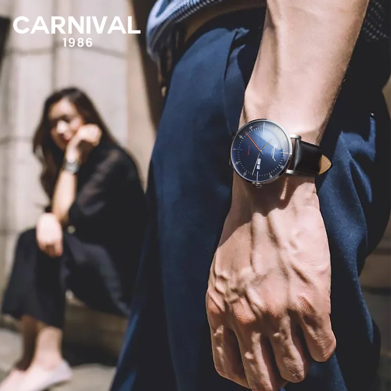 Montre أوم كرنفال أزياء رجالي التلقائي ساعات آلية أعلى العلامة التجارية الفاخرة ميوتا حركة حلقة من جلد التقويم الياقوت