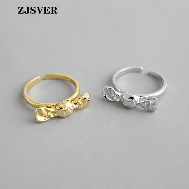 

ZJSVER Minimalist Golden/Silver Bowknot Candy Opening Adjustable Women Ring Fine Jewelry Gift 925 Sterling Silver Rings