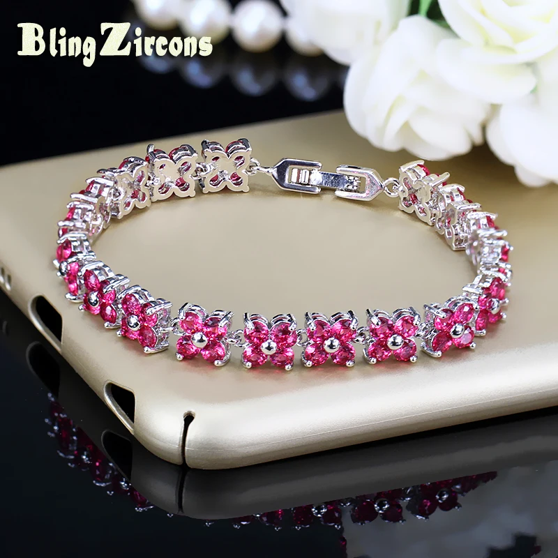 BeaQueen النساء أربعة وردة مستديرة الأحمر تشيكوسلوفاكيا وضع حجر الكريستال زهرة أزياء 925 الفضة سوار للتنس لعيد الميلاد B068