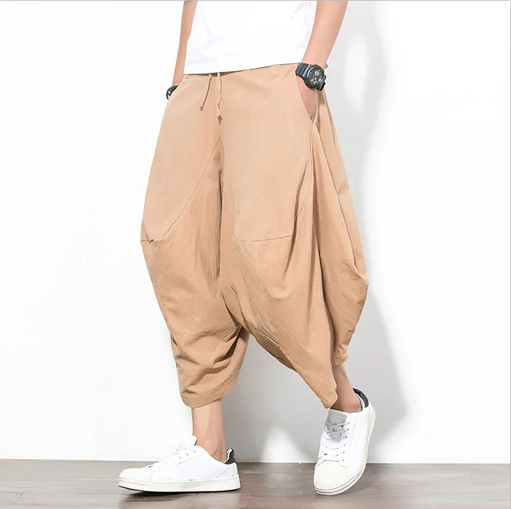 Khaki Мужские свободные промежности женские спортивные короткие штаны Летние мешковатые Чистый хлопок шнурок брюки плюс размер широкие брюки до середины икры брюки 5XL - Цвет: Khaki
