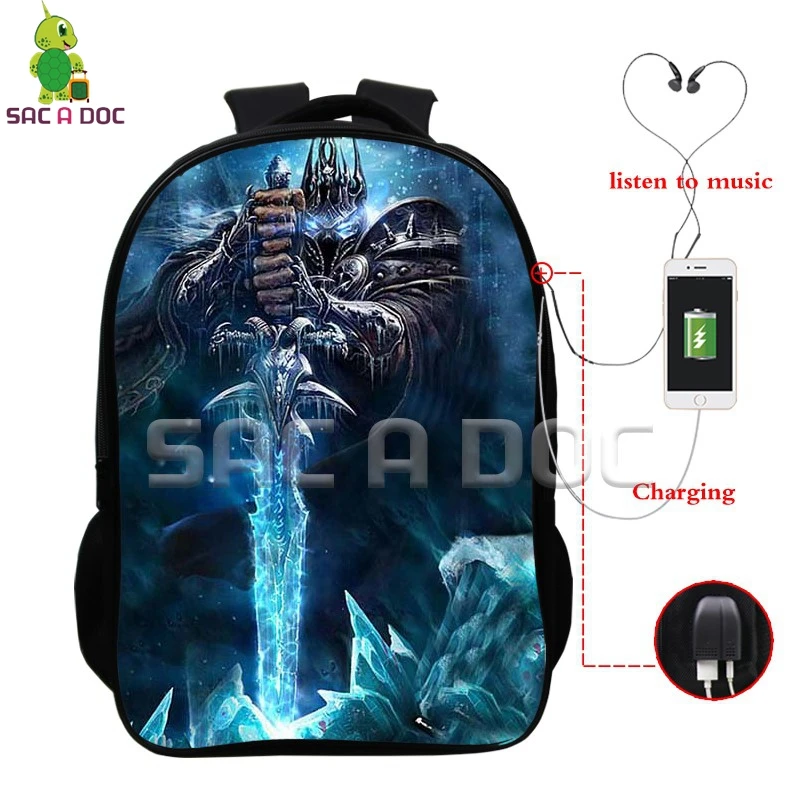 

World of Warcraft Multifunction Backpack WOW Death Knight School Bags for Teenagers USB Charging Headphone Jack Laptop Backpack