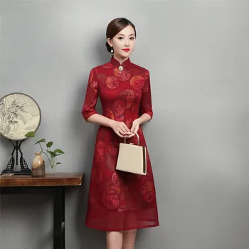 

2018 Summer Knee Length Cheongsam Fashion Chinese style Mandarin Collar Dress Womens Chiffon Qipao Slim Party Dresses Vestido