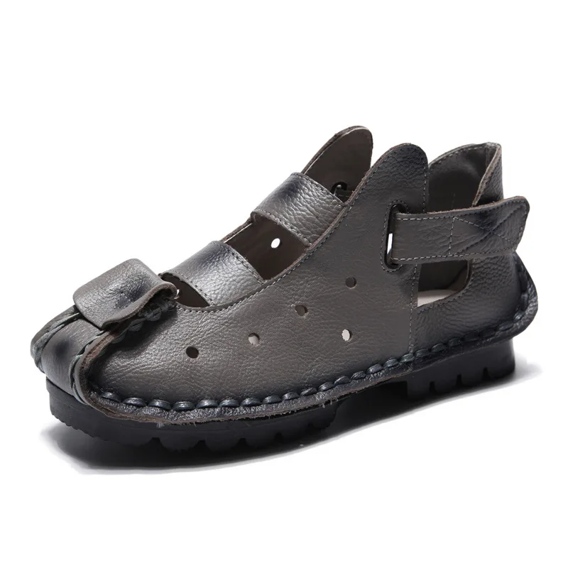 Women Sandals 2025 Summer Soft Bottom Flat Genuine Leather Personality Leisure Retro Handmade
