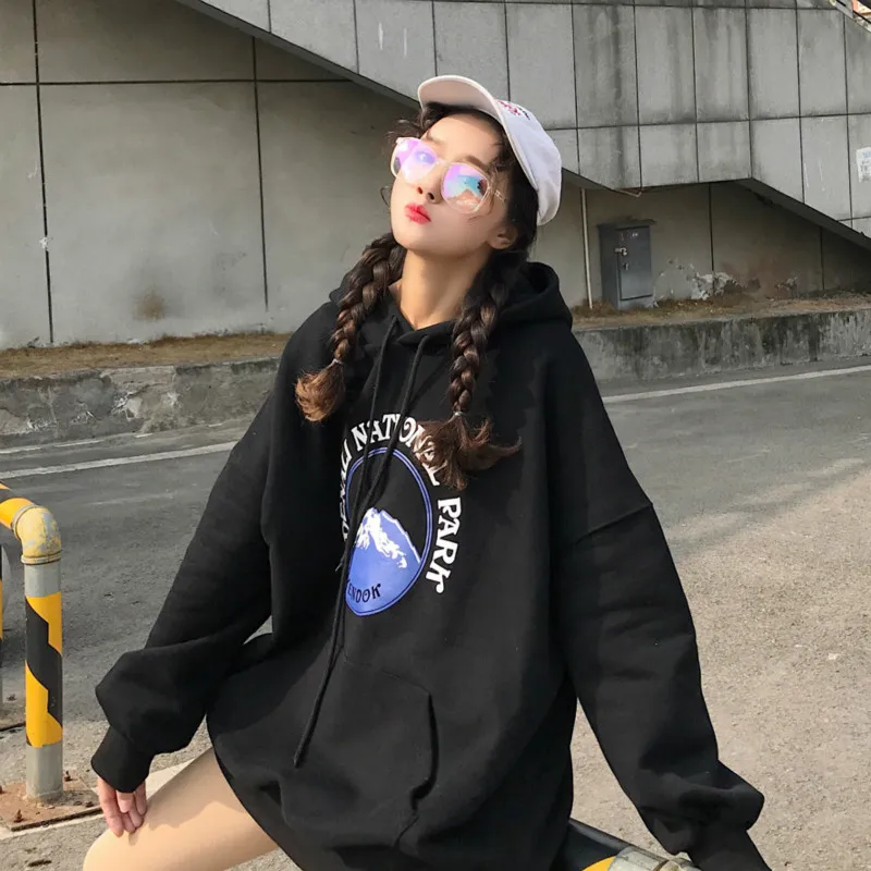 Harajuku модные зимние Mountain Письмо печати Для женщин толстовки с длинным рукавом