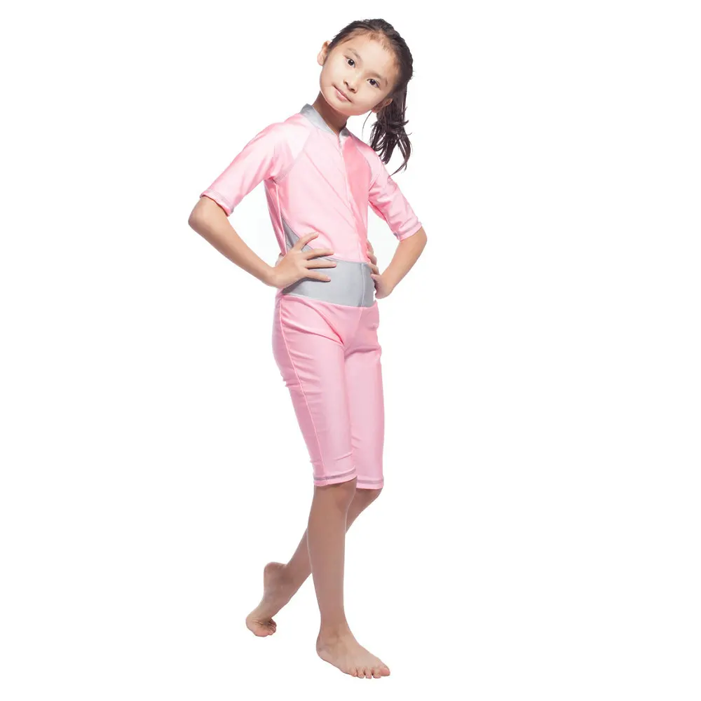 Girls Muslim Swimwears Children Swimsuits One Piece Short Sleeve Modest 