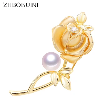 

ZHBORUINI 2019 Classic Natural Freshwater Pearl Brooch Copper Frosted Simple Rose Brooch Pearl Jewelry For Women Not Fade Gift