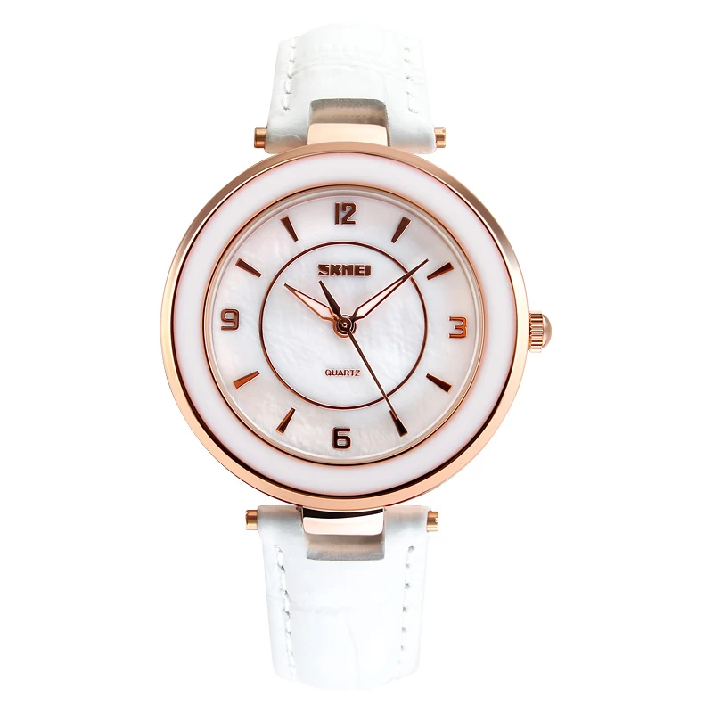 Fashion SKMEI White Leather strap Women Watches Waterproof Ladies Quartz Watch Girl Dress