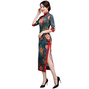 

Shanghai Story 2019 Chinese Flower Print Qipao Long Chinese Traditional Dress Faux Silk Cheongsam Oriental Dresses for Woman