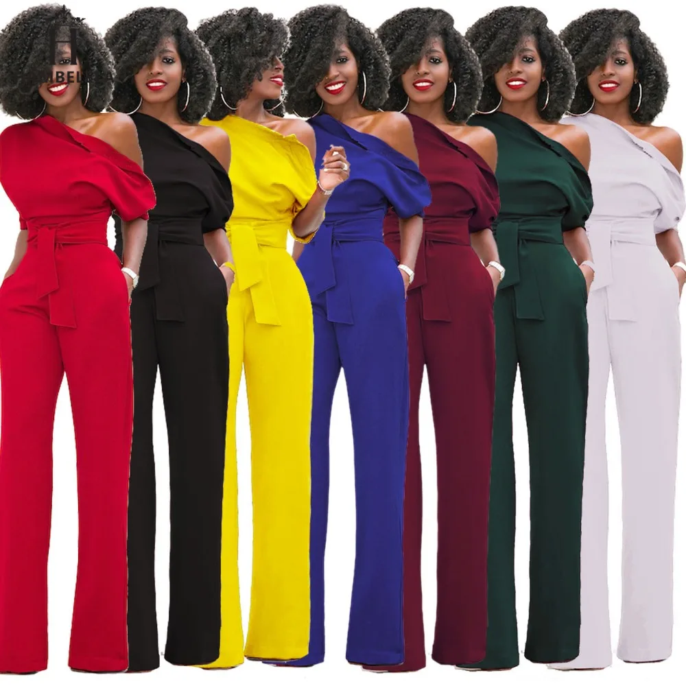 Hambelela 2017 High Quality Autumn Casual Jumpsuit One Shoulder Slash Neck Button Full Length Jumpsuit Short Sleeve Wide Legs Jumpsuit (9)
