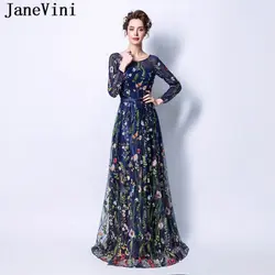 JaneVini Очаровательная Темно-синие с длинным рукавом платья для выпускного вечера 2019 Вышитый цветочный узор прозрачная кисея, тюль платье