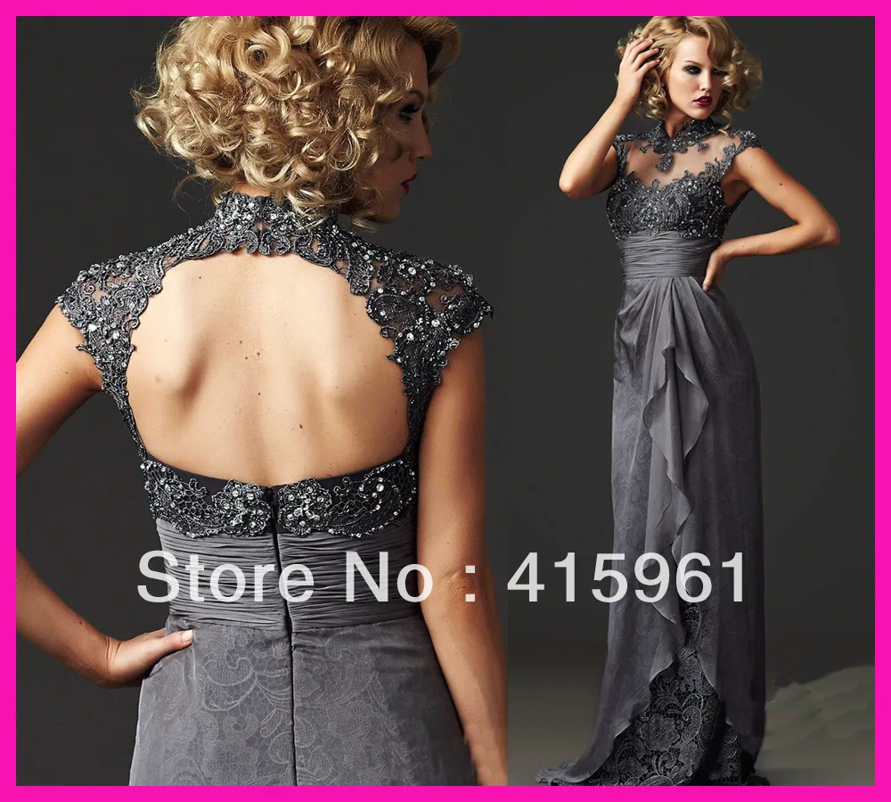 

2014 Elegant Grey Cap Sleeve High Neck Beaded Lace Long Mother of the Bride Dresses Gowns M1790