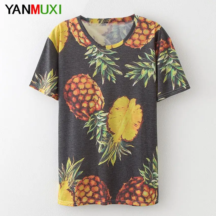 

2019 Summer Casual Women's Harajuku Style Pineapple Print Black Short Sleeve Top T-Shirt