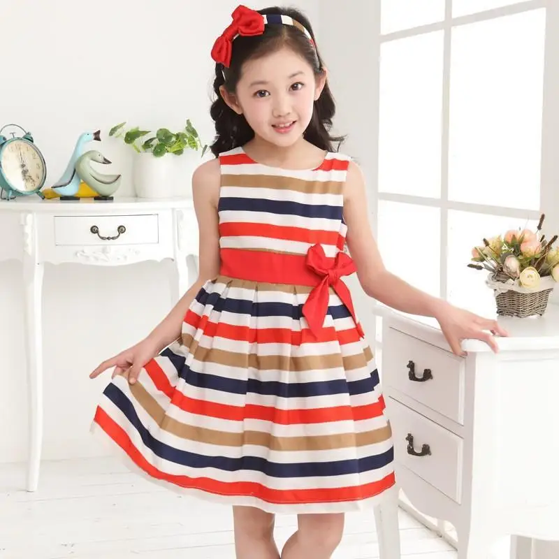 

2016 Kids children dress big virgin sources dress big bow rainbow striped cotton dress girls