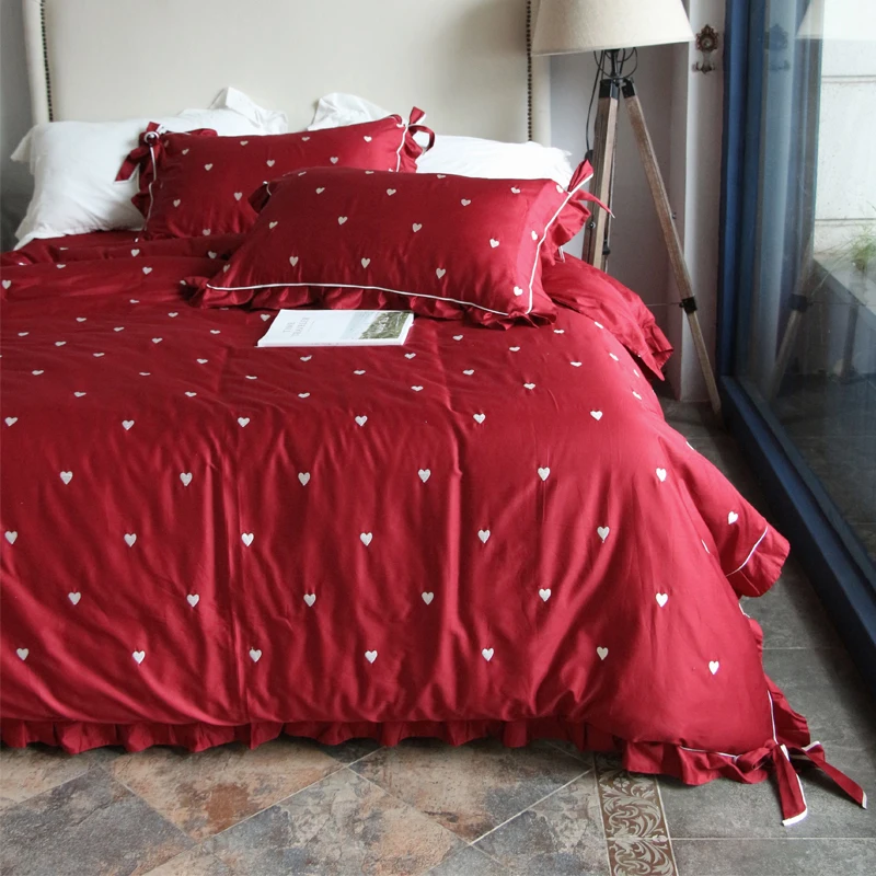 Lovely Red Heart Bowknot Egyptian Cotton Embroidery Luxury Bedding Set King Queen Bed Sheet set