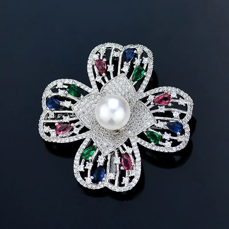 

Tisvina Four-Leaf Clover Pearl Brooches for Women Silver Color Flower Brooch & Pendant With CZ Costume Jewelry Silk Scarf