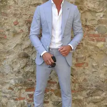 Новые белье светло-серый Повседневное человек костюм 2 шт. жениха Смокинги для женихов для пляжа Свадебный Slim Fit Best мужчина дружки best человек костюм