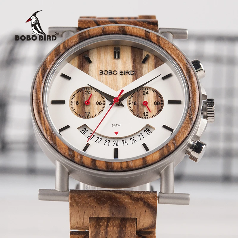 BOBO BIRD Wooden Men Watch Stainless Steel Waterproof Wristwatch with Date and Multiple Time Zone reloj hombre Men's Gift W-R06