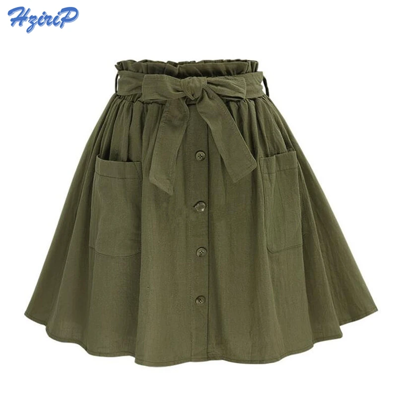 Image 2017 Women s Skirts Vintage High Waist Pocket Solid Bow Belt Midi Skirt New Arrival Summer Europe Army Green Girls Skirt Faldas