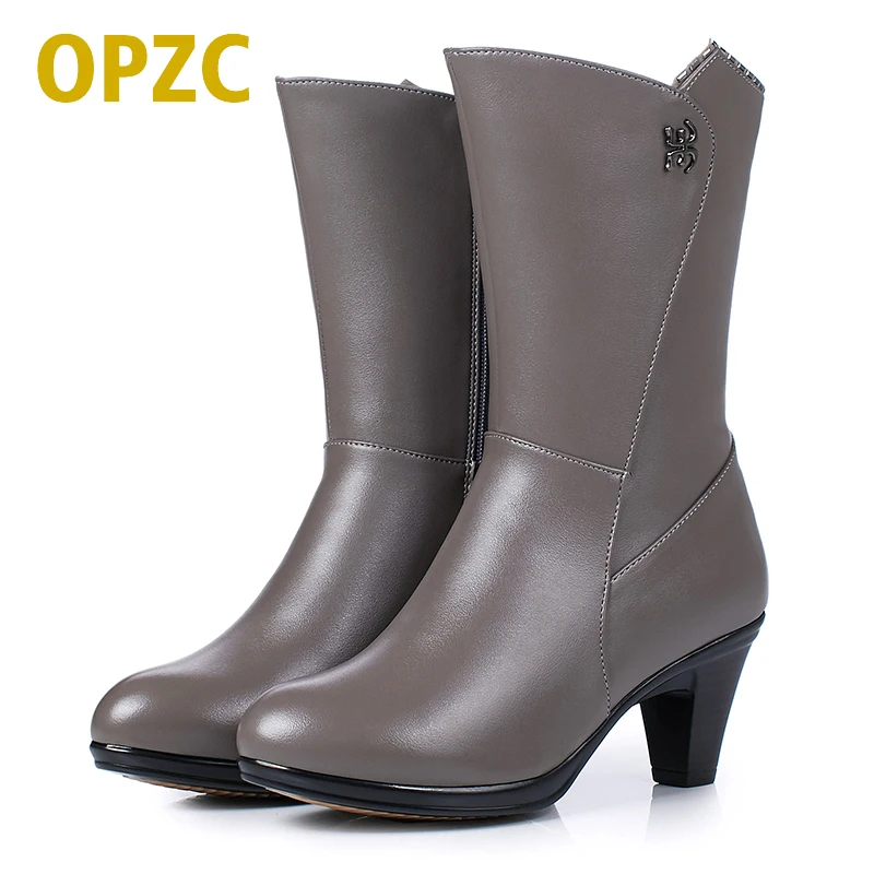 

OPZC 2018 new genuine leather women's winter boots, High heel thick warm wool boots women, fashion motorcycle boots women