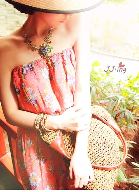 Bohemian Flower Shoulder Bags Women Casual Rattan Straw Bag Large Capacity Wicker Woven Handbags Female Summer Beach Purse Totes evening bags