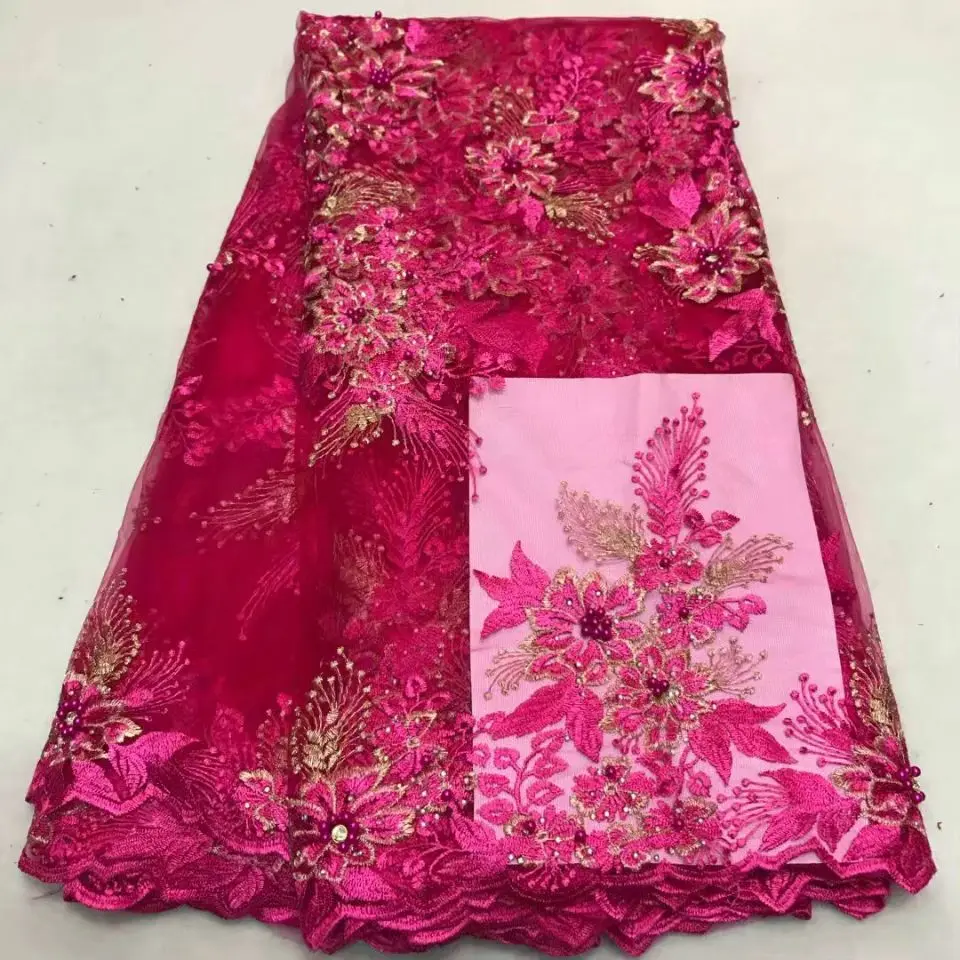 

2018 Pink french lace embroidered tulle lace with heavy stones beaded nigerian Guipure lace fabrics for wedding dress