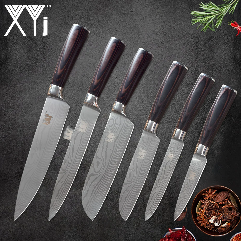 

XYj 6pcs Stainless Steel Kitchen Knife High Carbon Sharp Blade Bend Design Handle Chef Slicing Santoku Utility Paring Knives
